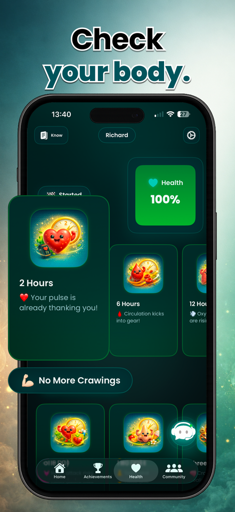 Interface de l'application Quit Nic montrant les jalons de récupération de la santé du corps et les progrès d'arrêt du tabac