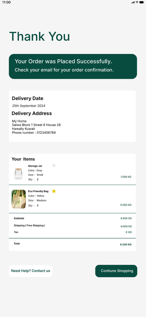 Akyas Packaging Solutions - Order confirmation screen of the Akyas app showing a successful purchase of eco-friendly packaging items with delivery details and order summary