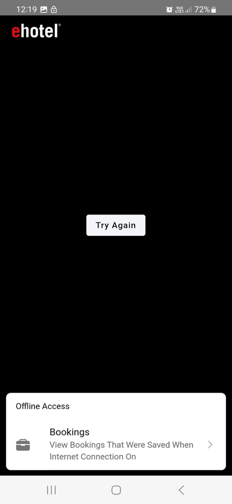 ehotel® hotel booking platform - ehotel app interface showing offline access for saved hotel bookings