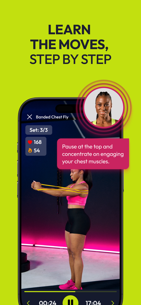 Resilient: strength workouts - A woman performing a banded chest fly exercise with step by step instructions and expert tips in the Resilient fitness app