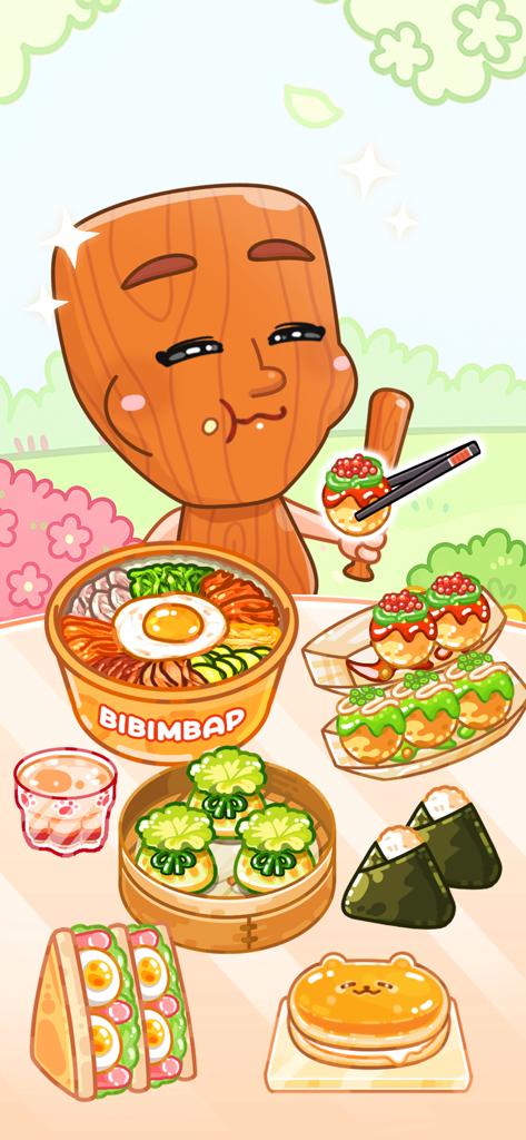 나무 의상을 입은 만화 캐릭터가 비빔밥과 타코야키 같은 아시아 음식을 먹고 있는 모습