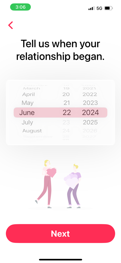 onboarding screen with a date picker to select when the relationship began featuring a couple illustration