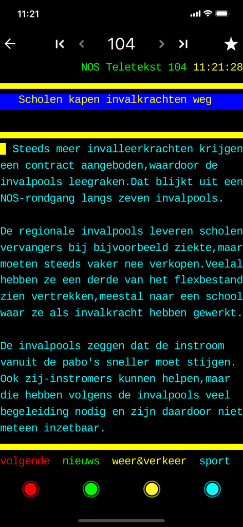 NOS Teletekst - NOS Teletekst mobile App-Oberfläche, die einen Nachrichtenartikel auf Seite 104 mit klassischem Retro-8-Bit-Text-Styling zeigt.