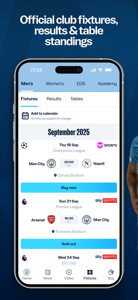Manchester City Official App - Bildschirm der offiziellen Manchester City App mit bevorstehenden Fußballspielen und Spielplänen