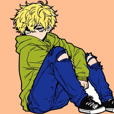 a male hoddie ripped jeans messy hair anime