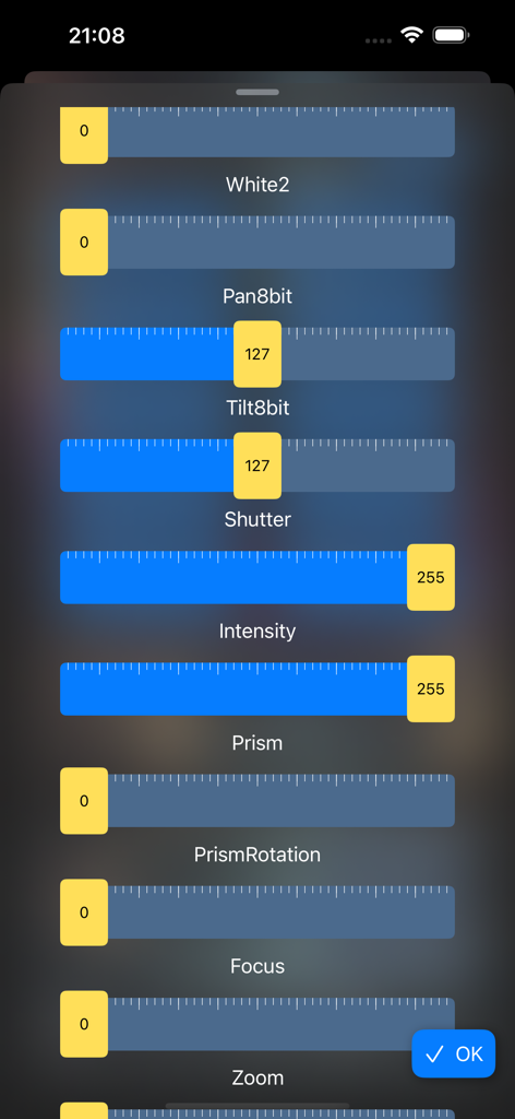 Controles deslizantes ajustables para paneo, inclinación e intensidad en la aplicación FreeStyler DMX Remote