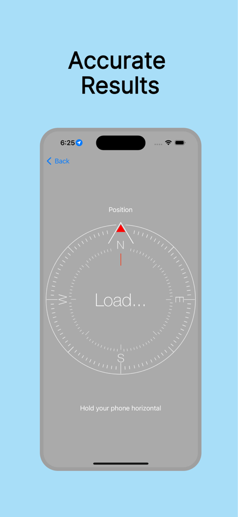 Smartphone screen displaying the Compass Direction-Live Finder app with a digital compass and the text Accurate Results