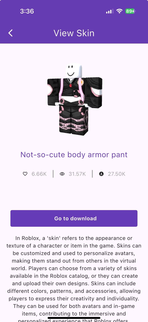 Uma prévia de uma skin de armadura preta e rosa para um avatar Roblox dentro da interface do aplicativo.