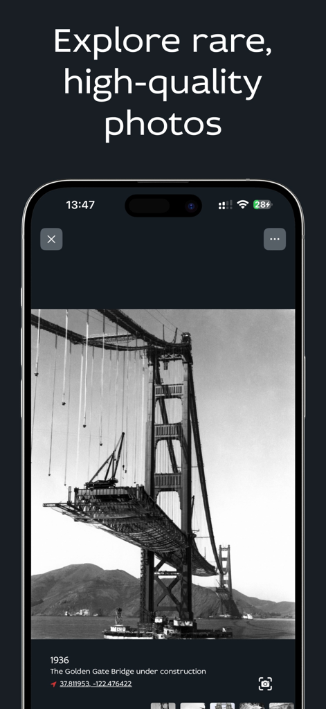 Historic photos - Time Portal - Screenshot of the Time Portal app displaying a rare 1936 photograph of the Golden Gate Bridge under construction
