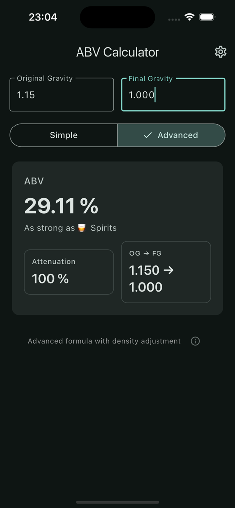 ABV Calculator - Minimalistic - ABV計算機アプリのインターフェース。高度モードでアルコール度数29.11％と計算された表示。