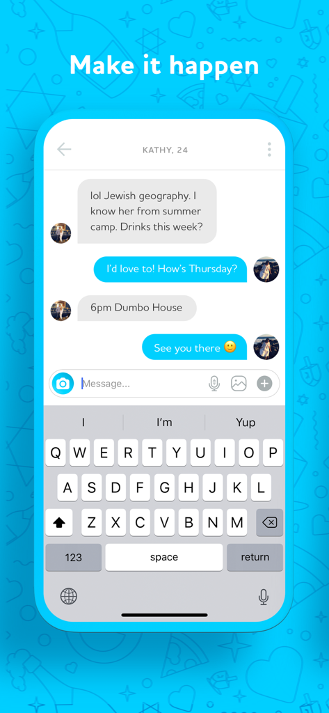 JSwipe - #1 Jewish Dating App - In-app chat interface of JSwipe showing a conversation between two users planning a date