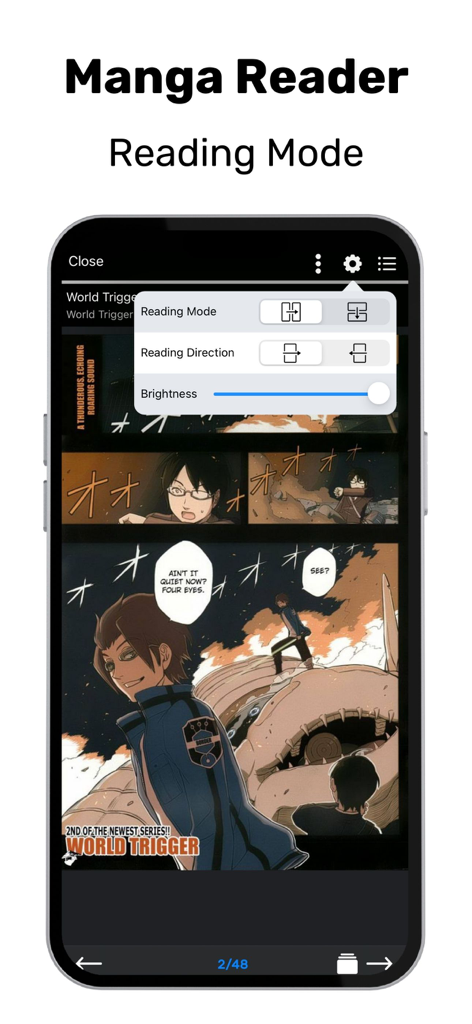 Manga Reader - Read Manga Top - Manga Reader app interface showing reading mode settings and brightness control over a manga chapter
