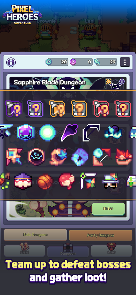 Pixel Heroes Adventure : MMO - Sapphire Blade Dungeon loot and item collection screen with pixel graphics