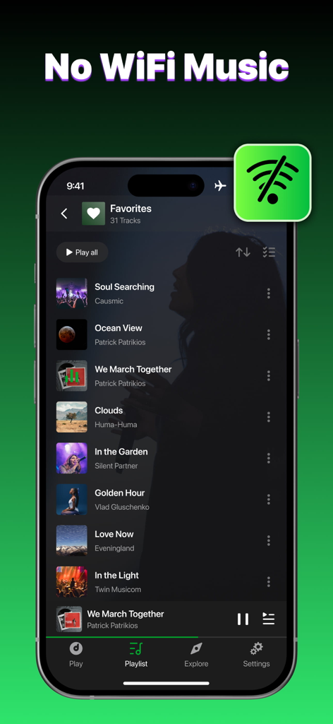 Interfaz de la aplicación móvil Spotubes mostrando una lista de reproducción de música para escuchar sin conexión y sin WiFi
