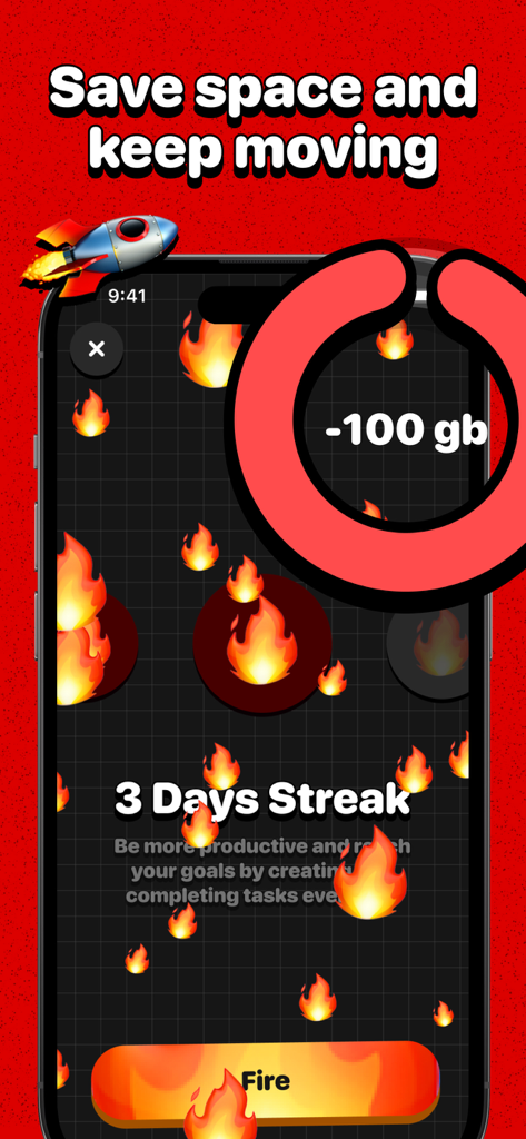 CleanCam - Photo Cleaner App - CleanCam app interface showing a three day streak and one hundred gigabytes of storage space saved