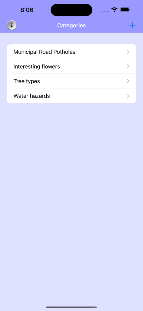 GeoLog - GeoLog app screen displaying a list of custom categories for geolocation including road potholes and tree types