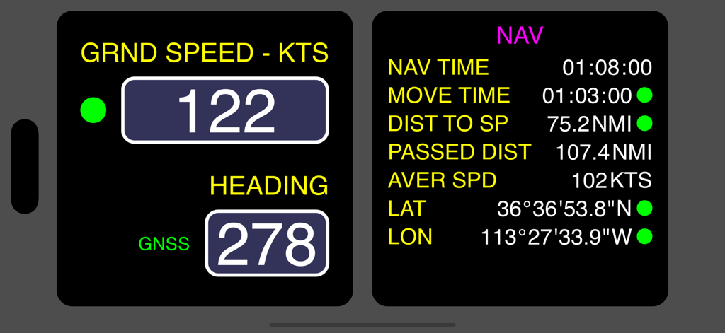 Panel de navegación digital que muestra la velocidad terrestre, el rumbo y las coordenadas GPS para vuelo y navegación