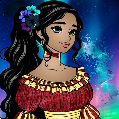a single latina woman with a side ponytail and a long dress with ruffles. she has a few discreet flowers in her hair. realistic