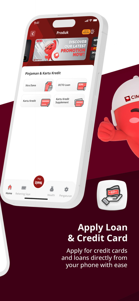 OCTO by CIMB Niaga - OCTO by CIMB Niaga Mobile-App-Oberfläche, die Optionen für die Beantragung von Krediten und Kreditkarten anzeigt