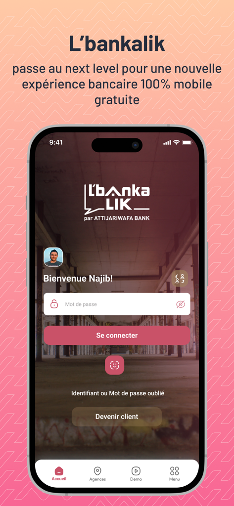 L'bankalik - Login screen of the L'bankalik mobile banking app from Attijariwafa Bank on an iPhone