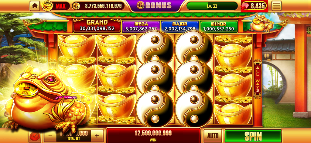 Real Casino Slots 2 gameplay featuring an Asian themed slot machine with a golden frog and jackpots