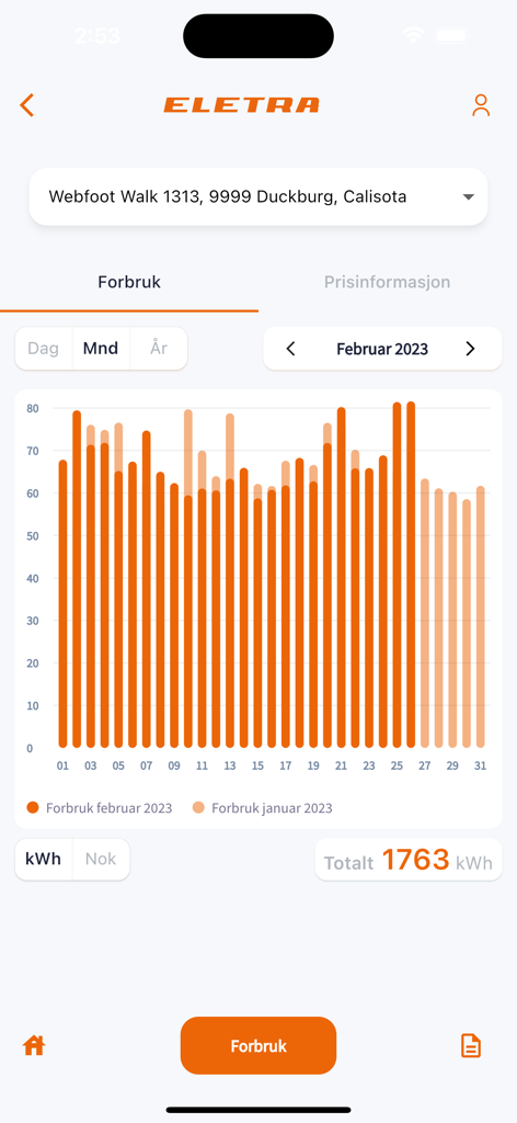 Eletra Energia Suomi App mit einem monatlichen Balkendiagramm für den Energieverbrauch in kWh