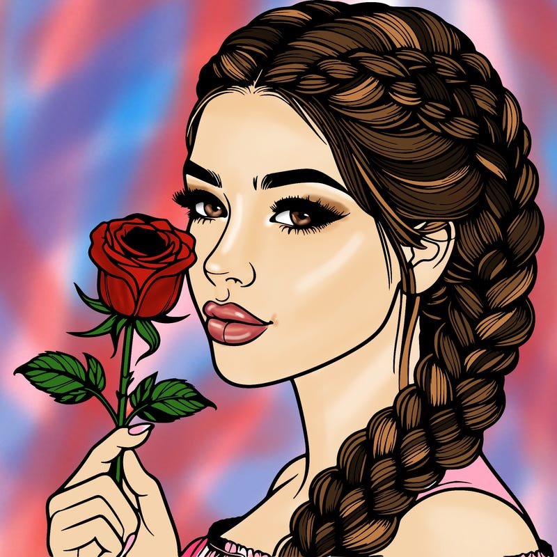 realistic woman with braids holding a single rose