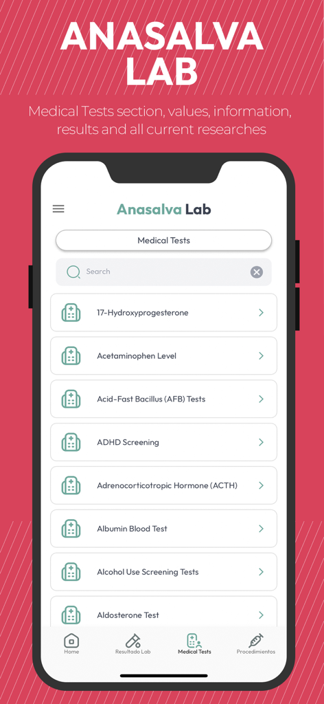 Anasalva Lab - Interface do aplicativo móvel Anasalva Lab exibindo uma lista pesquisável de exames de diagnóstico médico e resultados de laboratório