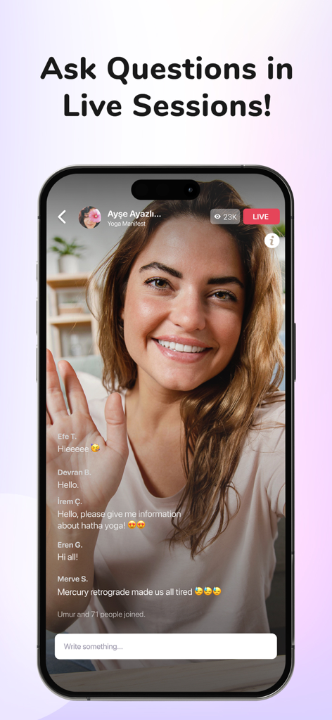A live video session on the Binnaz app featuring a wellness expert and interactive chat feed.