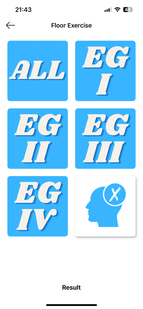 MAG CoP Study (2025-28) - Interface showing element group categories for men gymnastics floor exercise study