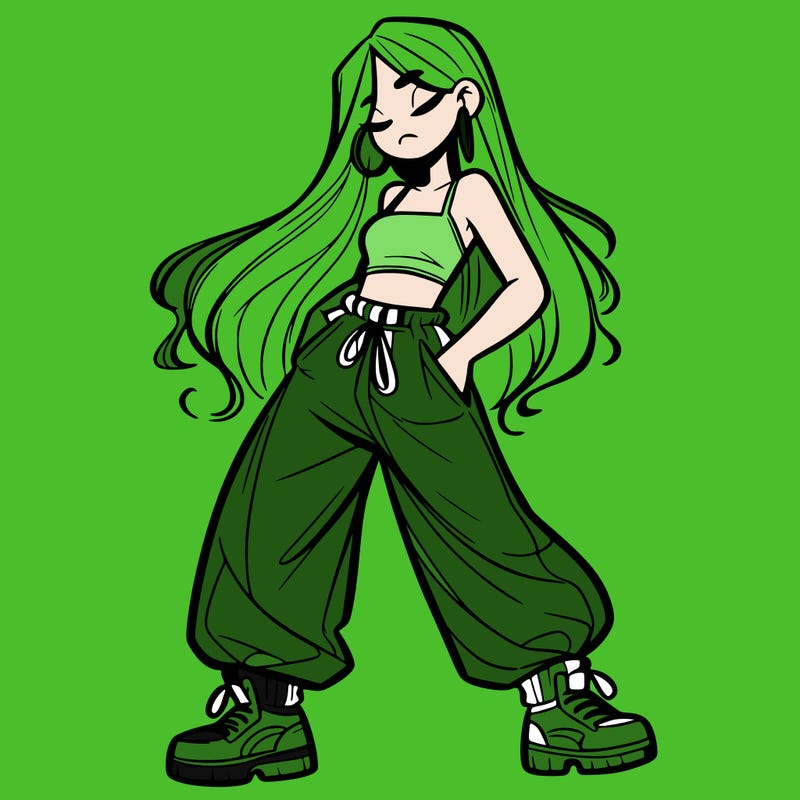 girl in baggy pants crop top and long hair