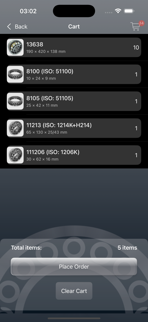 Bearing - Industrial bearing shopping cart interface showing part numbers dimensions and place order button