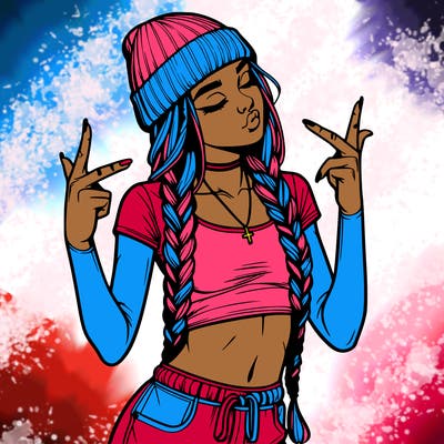 realistic teenage girl with braids and a beanie and crop top doing 🫶🏼