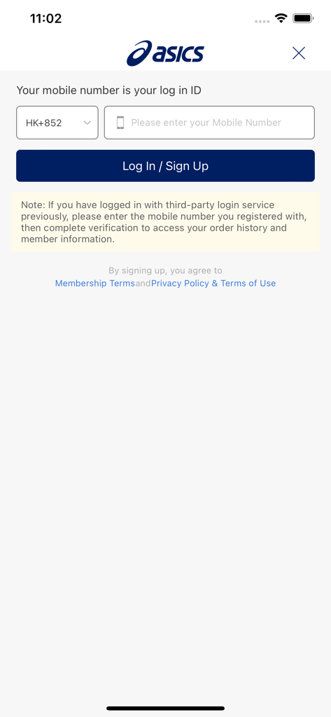 ASICS HK - Login and sign up screen for the ASICS HK mobile app requesting a mobile number for member access.