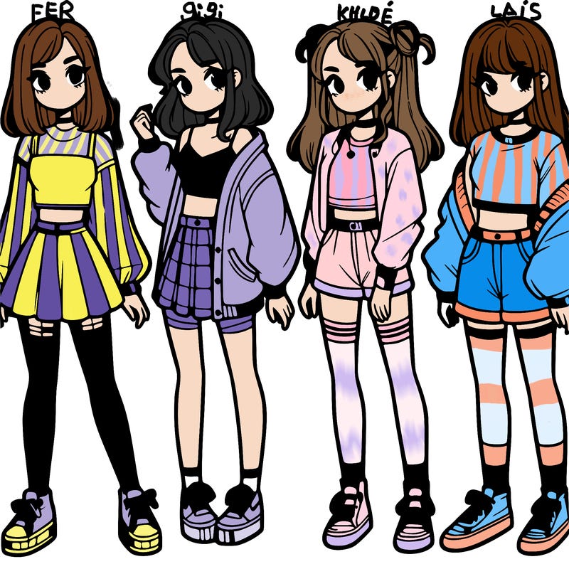 one girl with crop-top shirt and a jacket with a skirt, long socks and another girl with a shirt and pants with a jacket