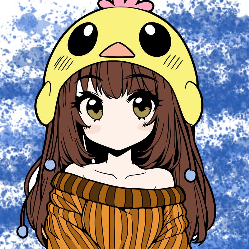 anime girl with chick shaped hat with sweater with bare shoulders with bangs covering them one eye with low tail