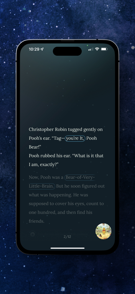 Moonlite - Storytime Projector - Moonlite app reading screen featuring a Winnie the Pooh story with starry night background