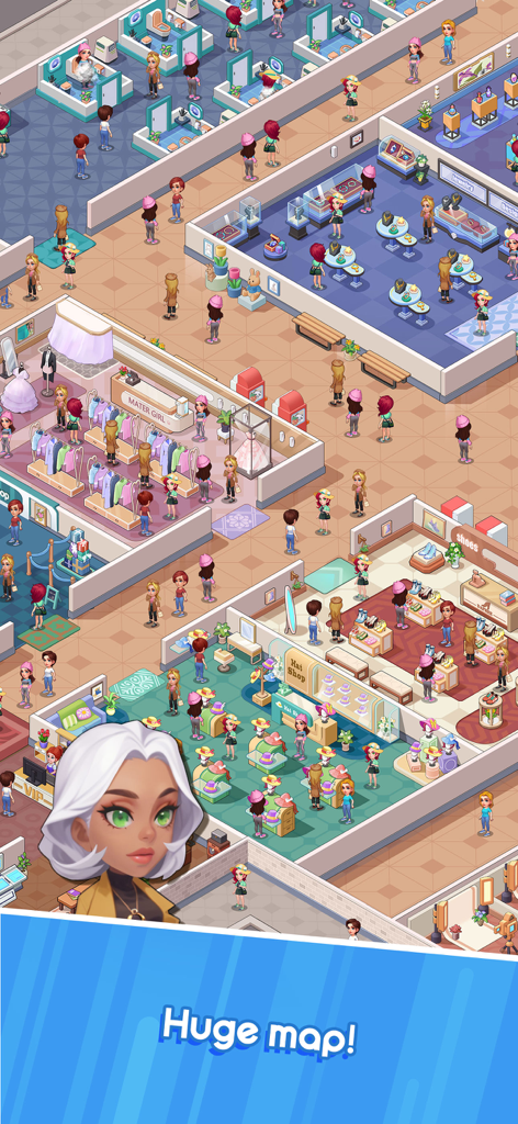 Idle Super Mall - A wide isometric overview of a large shopping mall with various fashion boutiques and characters