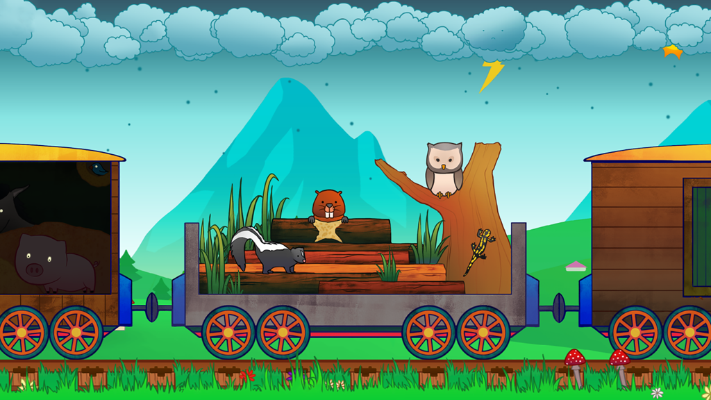 Animal Train for Toddlers - Cartoon skunk beaver and owl on a train car with a mountain backdrop