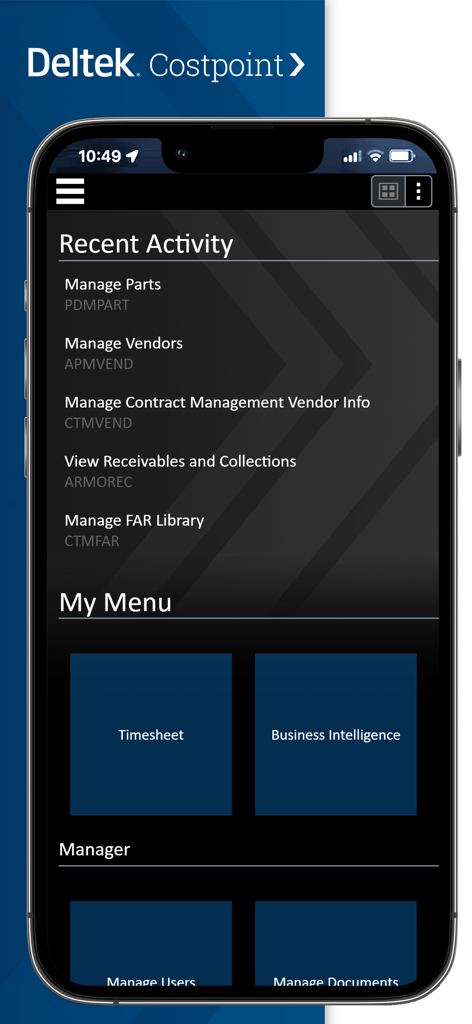 Deltek Costpoint mobile app dashboard showing recent activity and menu shortcuts for timesheets and business intelligence