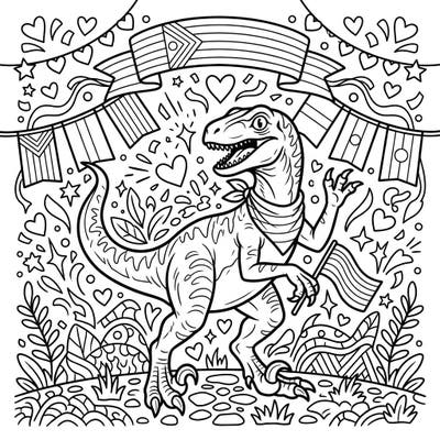 Unleash your creativity with this vibrant coloring page featuring a cheerful Velociraptor celebrating Pride. Immerse yourself in a festive scene bursting with hearts, stars, and powerful messages of love and diversity.