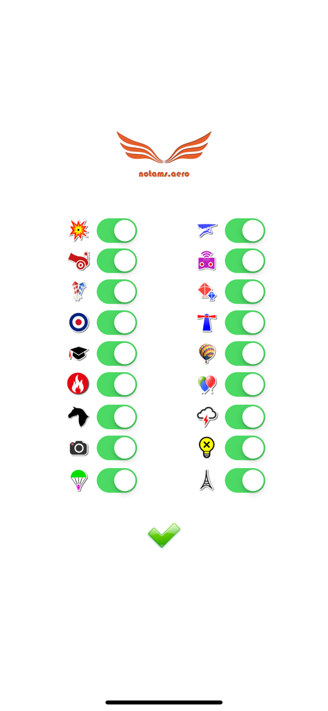 The settings screen of notams.aero showing toggle switches for different flight restriction categories and aeronautical symbols.