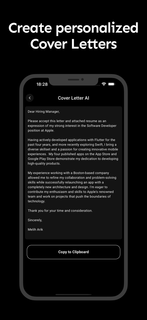 Smart CV: Resume Maker - Smartphone screen showing an AI generated cover letter for a software developer job application