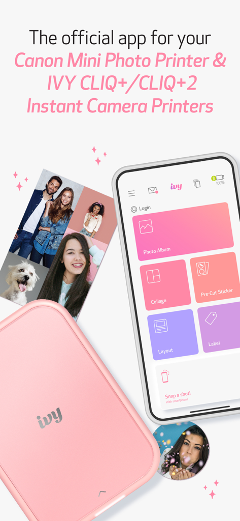 Smartphone displaying the Canon Mini Print app interface next to a pink Canon IVY mini photo printer and physical photo prints.