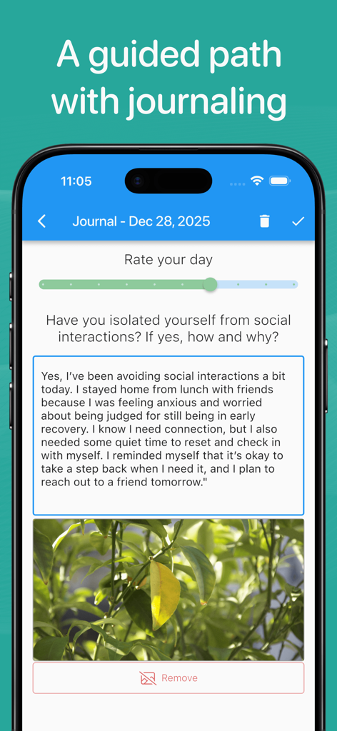 Sober Time app interface showing a journaling page with a daily mood rating slider and a written reflection entry