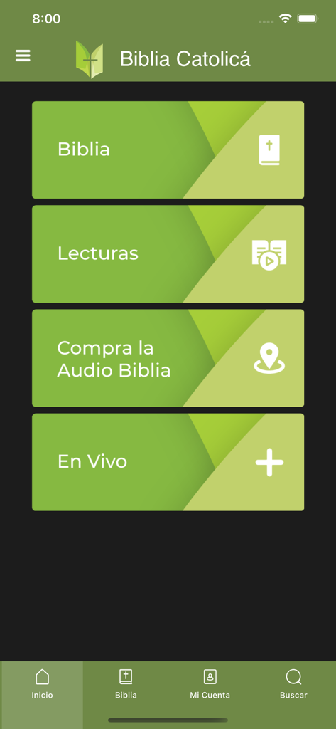 Biblia Católica - Pantalla de inicio de la aplicación Biblia Católica que presenta un menú principal con opciones para lecturas bíblicas y compra de audio en español.