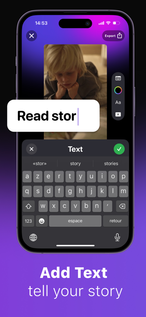 ClipClap: Video Clips Editor - ClipClap 앱 인터페이스, 화면 키보드로 동영상에 텍스트 오버레이를 입력하는 방법 표시