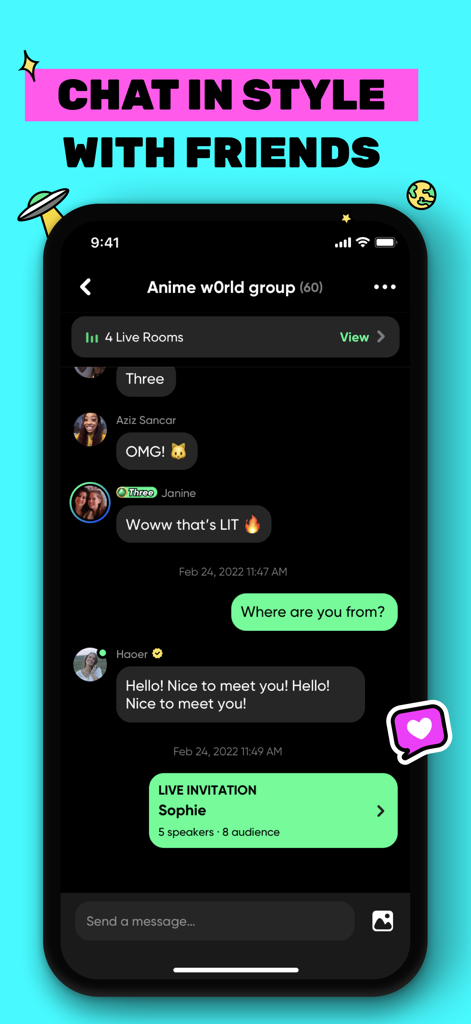 A screenshot of the Three app group chat interface with the headline Chat in Style with Friends.