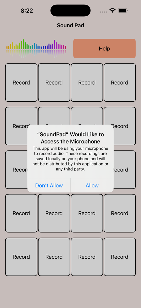 SoundPad - Oberfläche der SoundPad-App, die ein Raster von Aufnahmeschaltflächen und ein System-Pop-up anzeigt, das um Mikrofonzugriff bittet
