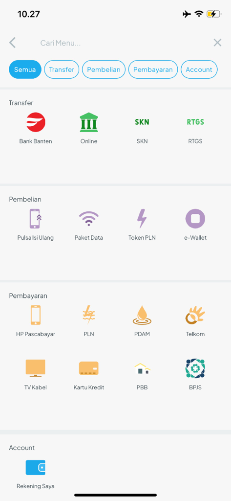 Jawara Mobile - Jawara Mobile banking app menu showing transfer purchase and payment options